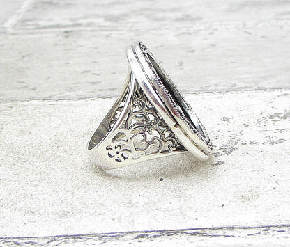 925 Sterling Silver  Marcasite Framed Woven Round Shield Ring Sz 5.5  RG1691