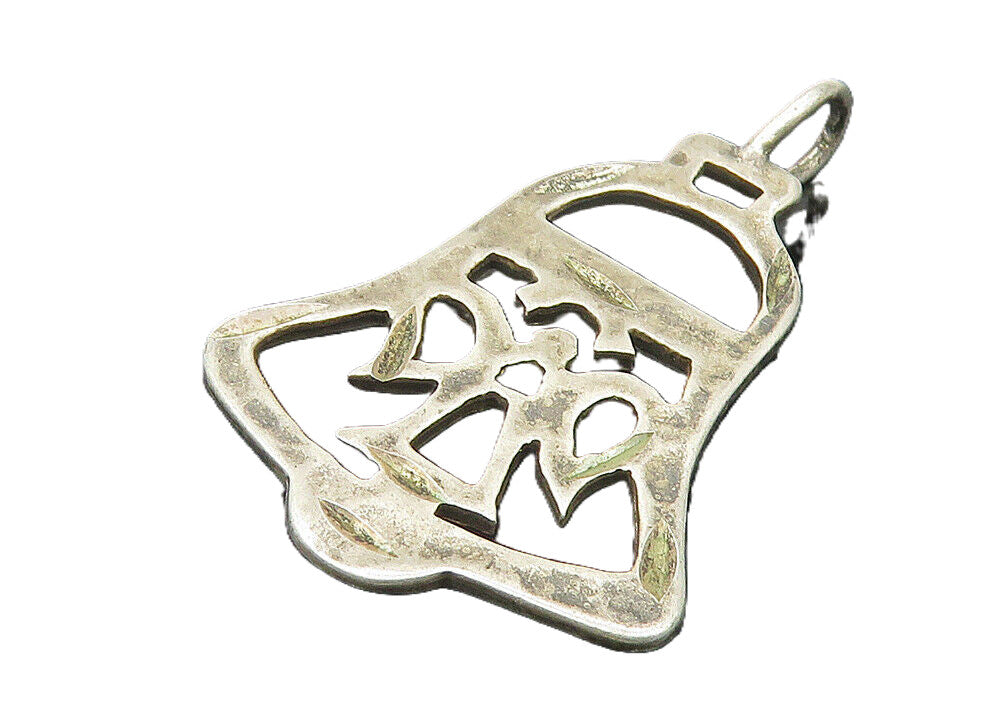 925 Sterling Silver  Vintage Dark Tone Cutout Ribbon Bell Pendant  PT8739