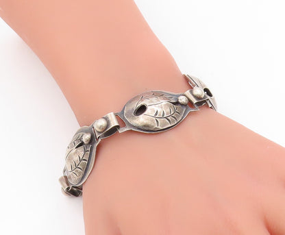 925 Sterling Silver Vintage Bracelet MEXICO Etched Leaf Motif Concho  BT11593