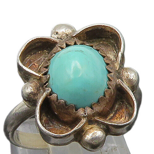 925 Silver Vintage Beaded Floral Turquoise Ring Sz 5.5 RG24488