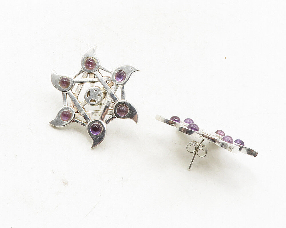 925 Sterling Silver  Petite Amethyst Shiny Open Design Drop Earrings  EG5028
