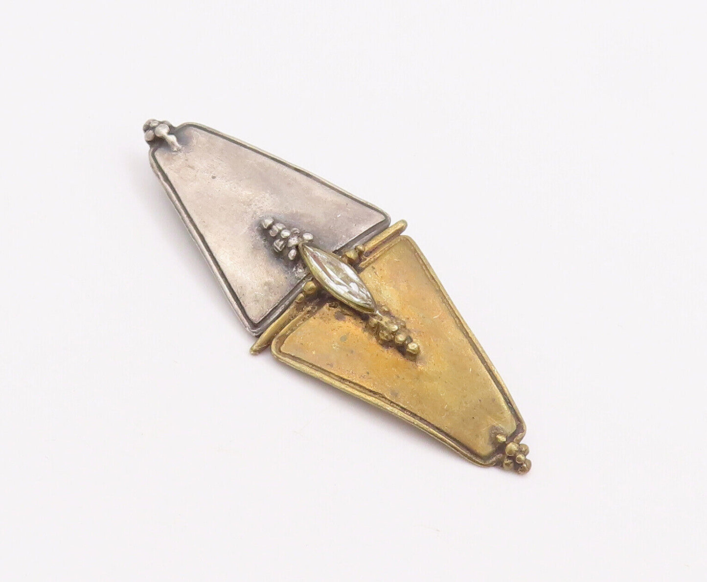 925 Sterling Silver Vintage Brooch Pin Two Tone Beaded Triangles Topaz  BP10925