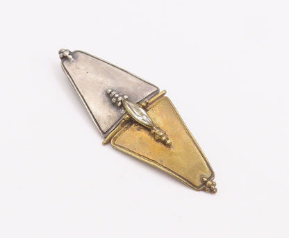 925 Sterling Silver Vintage Brooch Pin Two Tone Beaded Triangles Topaz  BP10925