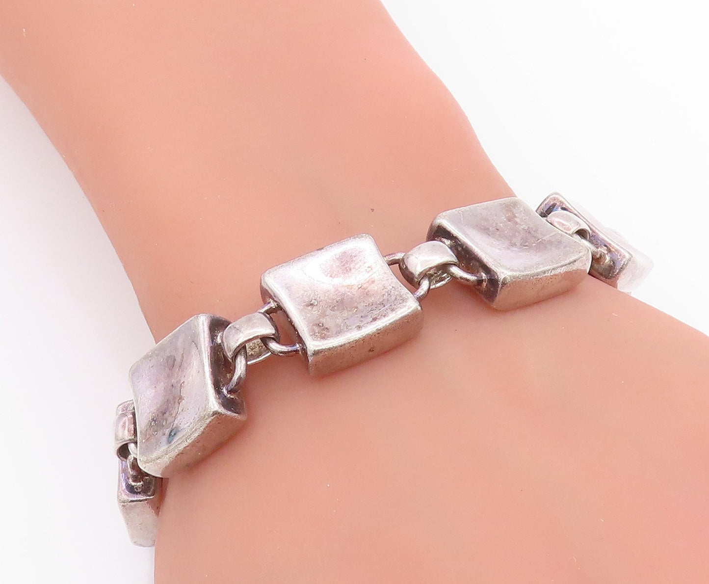 925 Sterling Silver Vintage Bracelet Antique Dark Tone Cubes Linked  BT11313