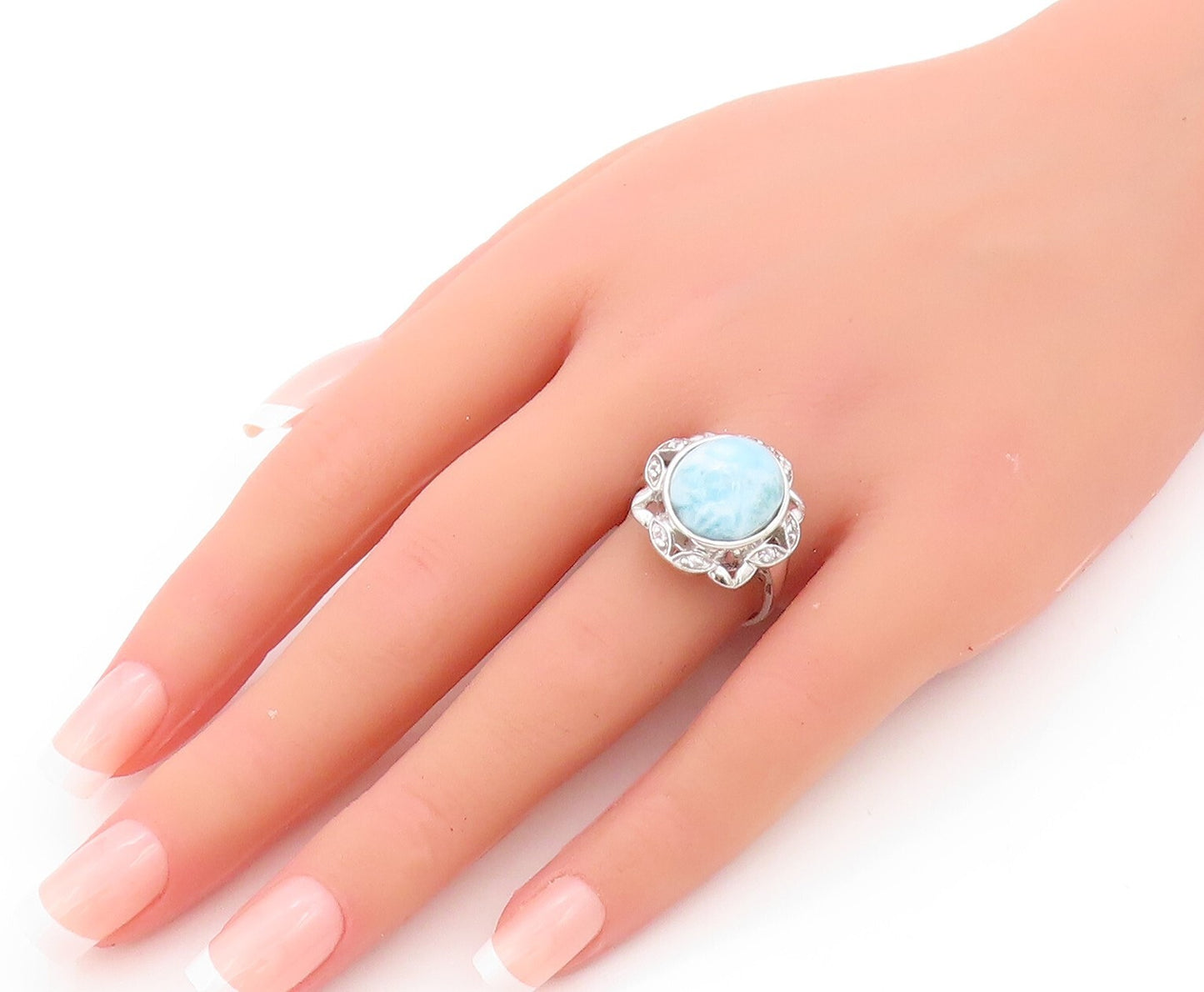 925 Sterling Silver Vintage Ring Larimar & Topaz Floral Design  SZ 8.5 RG32084