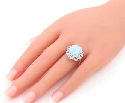 925 Sterling Silver Vintage Ring Larimar & Topaz Floral Design  SZ 8.5 RG32084