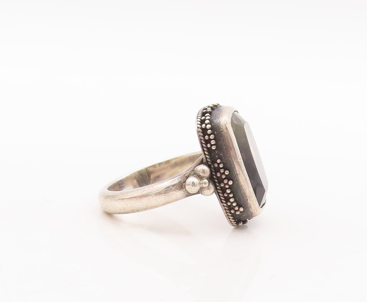 925 Sterling Silver Vintage Ring Beaded Rectangle Shaded Gemstone  Sz 8 RG28779