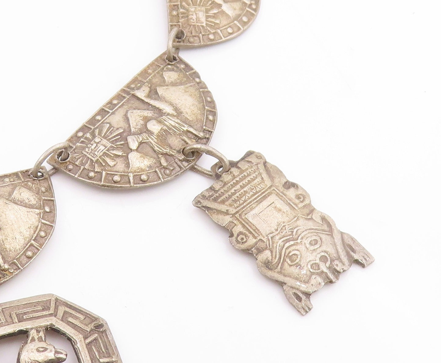 925 Sterling Silver Vintage Necklace PERU Llama & Sun Motif Panel Link  NE4873