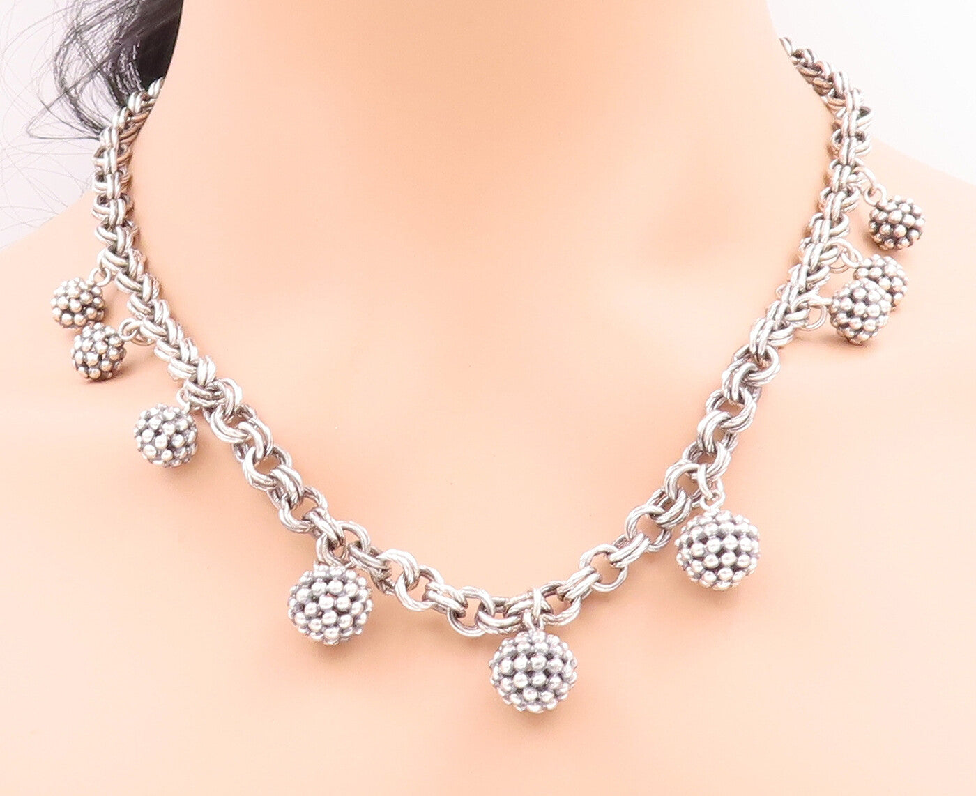 925 Sterling Silver Vintage Necklace MICHAEL DAWKINS Beaded Beads & Rings NE4263