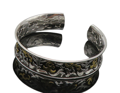 925 Sterling Silver  Shiny Two Tone Embossed Pattern Cuff Bracelet  BT6164