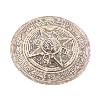 925 Sterling Silver Vintage Brooch MEXICO Circular Aztec Mayan Calendar  BP11814