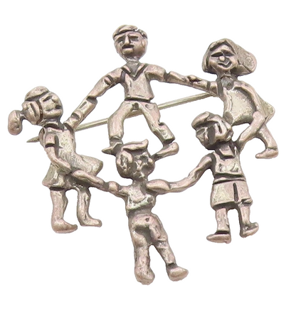 925 Sterling Silver  Vintage Children Holding Hands Chiseled Brooch Pin BP4986