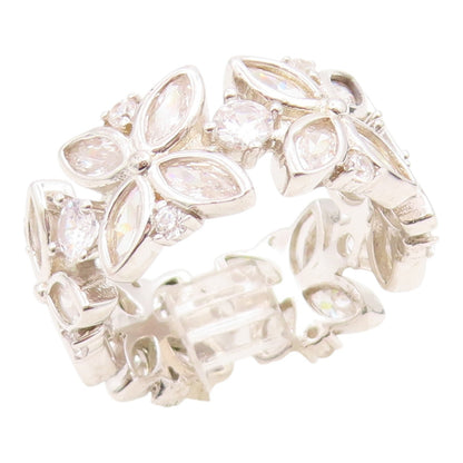 925 Sterling Silver Vintage Ring CZ Elegant Floral Eternity Band Sz 7.5  RG35870
