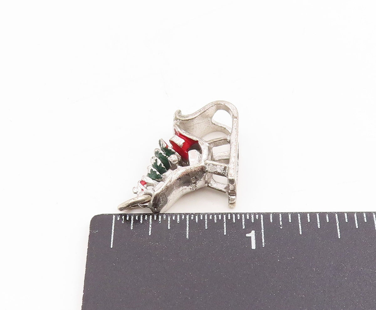 925 Sterling Silver Vintage Pendant Enameled Christmas Sleigh Charm  PT25384