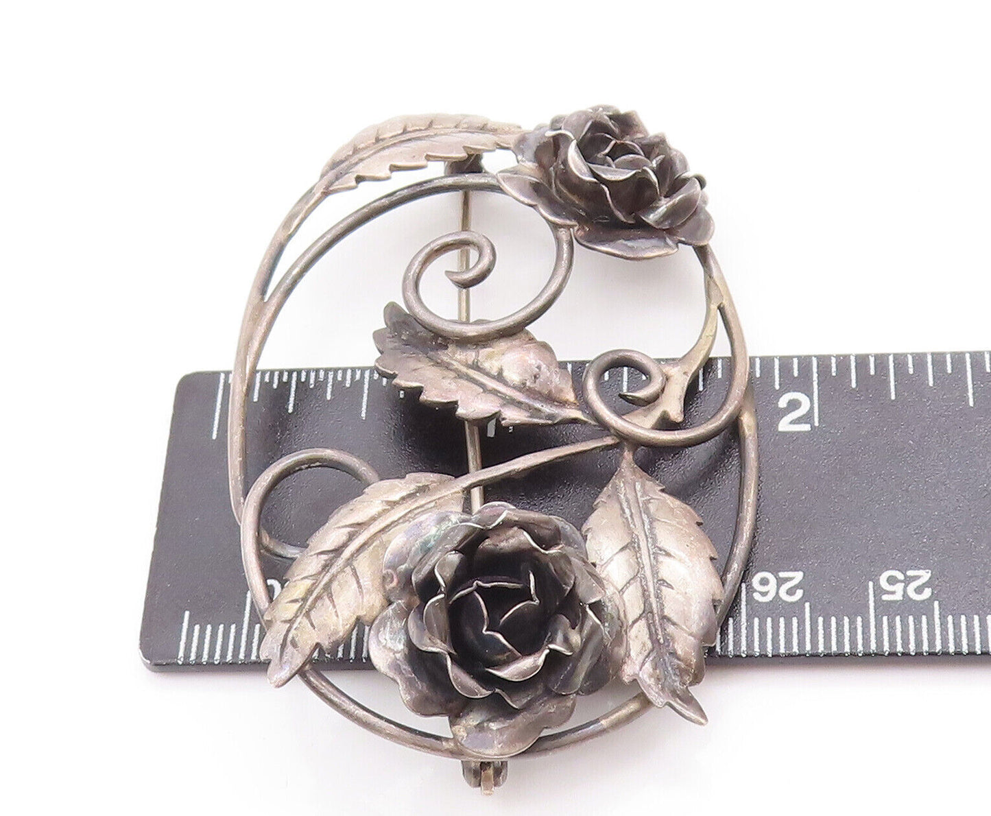 925 Sterling Silver Vintage Brooch Pin Designer Oval Cutout Flowers  BP10930