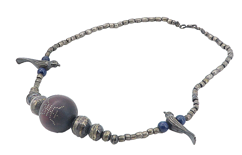 925 Sterling Silver Vintage Sodalite Bird Beaded Chain Necklace NE1421
