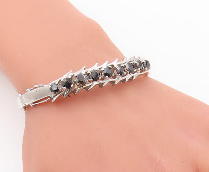 925 Sterling Silver Vintage Bracelet Spikey Carved Black Diamonds Bangle BT10971