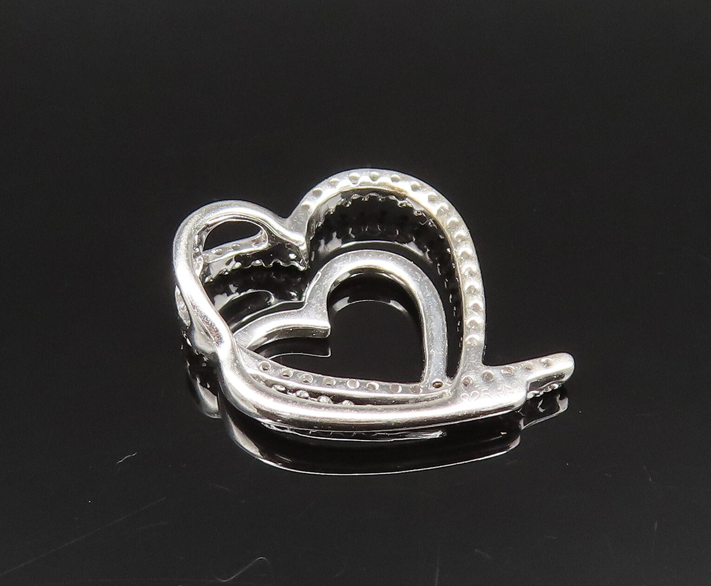 925 Silver  Vintage Genuine Diamonds Double Open Love Heart Pendant  PT20934