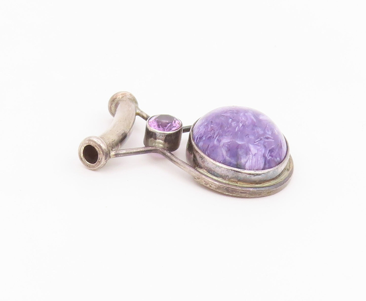 925 Sterling Silver Vintage Pendant SAJEN Oval Charoite & Amethyst Charm PT26426