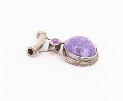 925 Sterling Silver Vintage Pendant SAJEN Oval Charoite & Amethyst Charm PT26426