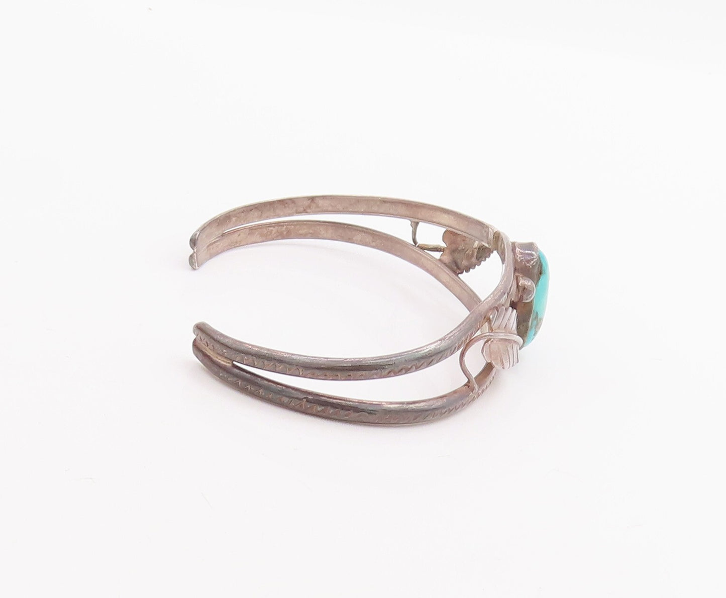925 Sterling Silver Vintage Bracelet NAVAJO ZUNI Floral Oval Turquoise  BT10699