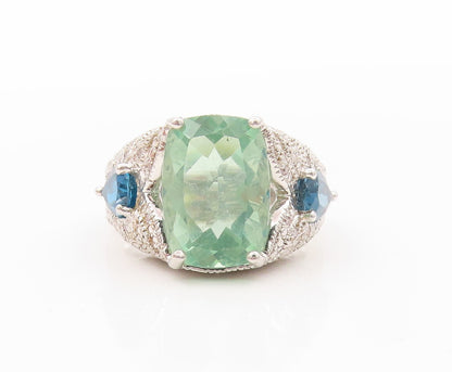 925 Sterling Silver Vintage Ring Large Green Topaz & Blue Sapphire RG31934