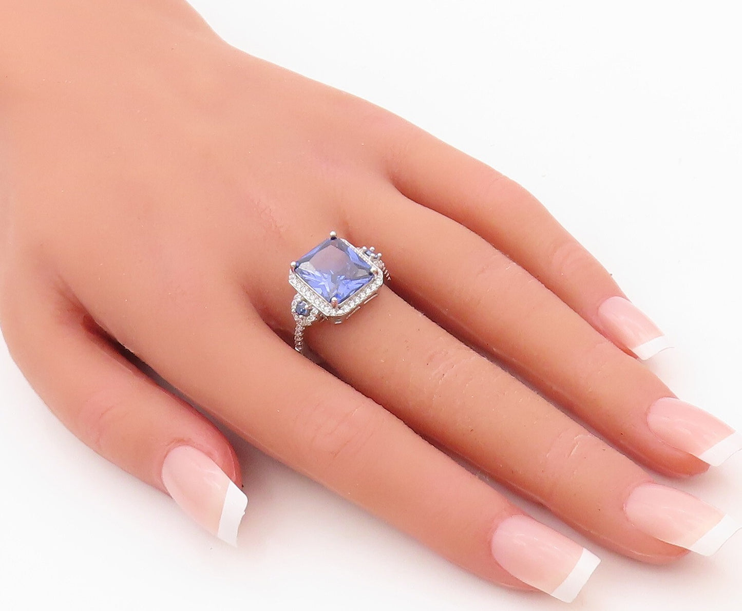 925 Sterling Silver Vintage Ring Square Cut Sapphire Halo CZ  Sz 7  RG30418