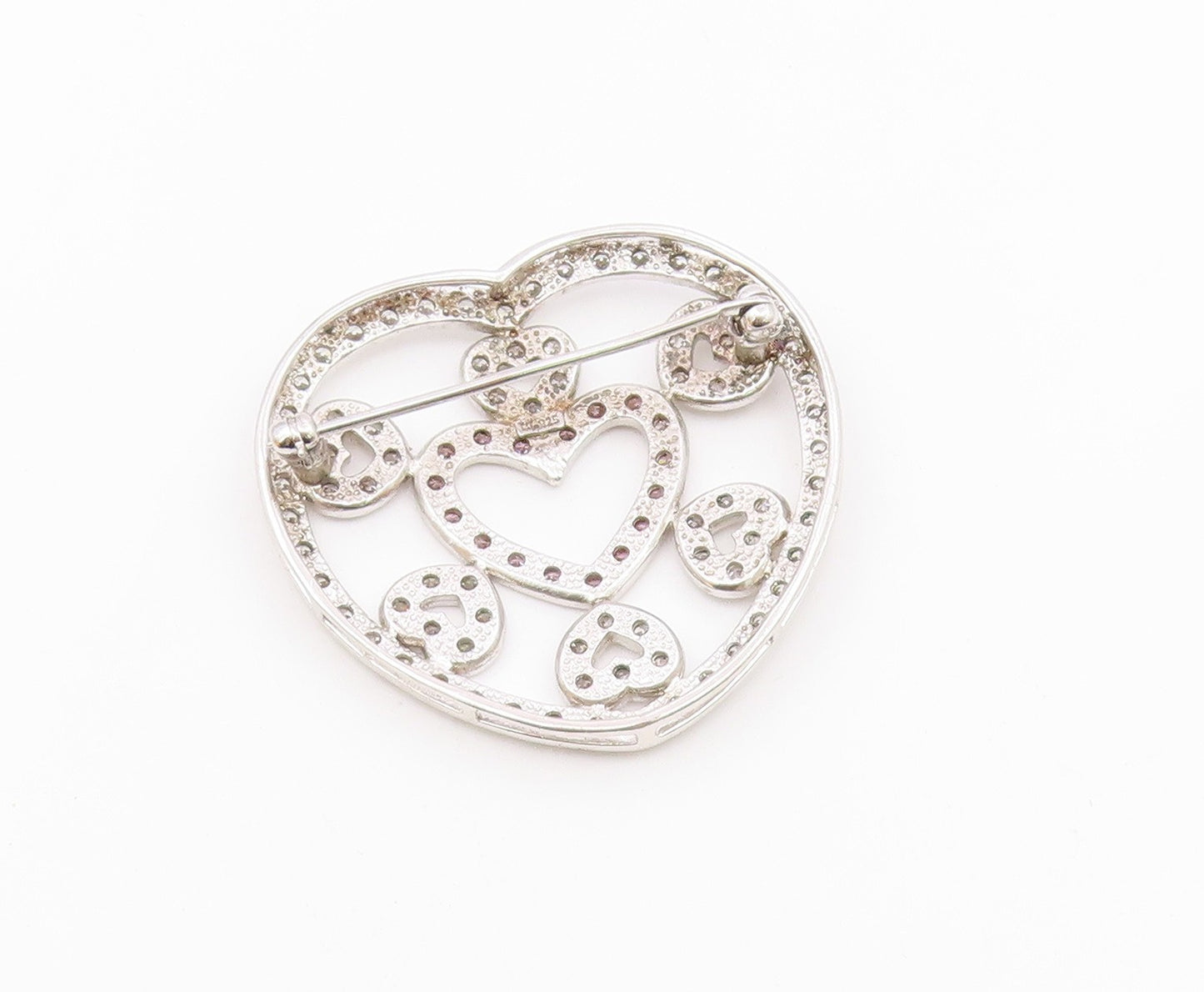 925 Sterling Silver  Pink & White Cubic Zirconia Love Heart Brooch Pin  BP5490