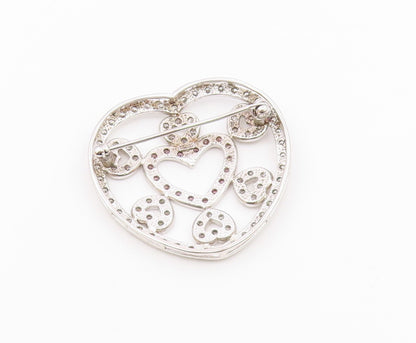 925 Sterling Silver  Pink & White Cubic Zirconia Love Heart Brooch Pin  BP5490