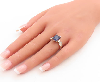 925 Sterling Silver Vintage Ring Rectangle Sapphire Twisted CZ  Sz 7.5  RG31192
