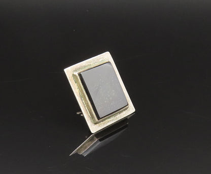 MEXICO 925 Silver  Vintage Rectangular Black Onyx Screw Back Earrings  EG11946