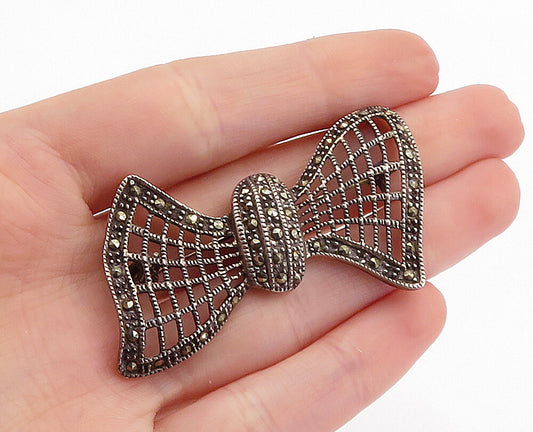 925 Sterling Silver  Vintage Marcasite Decorated Bow Tie Brooch Pin  BP2092