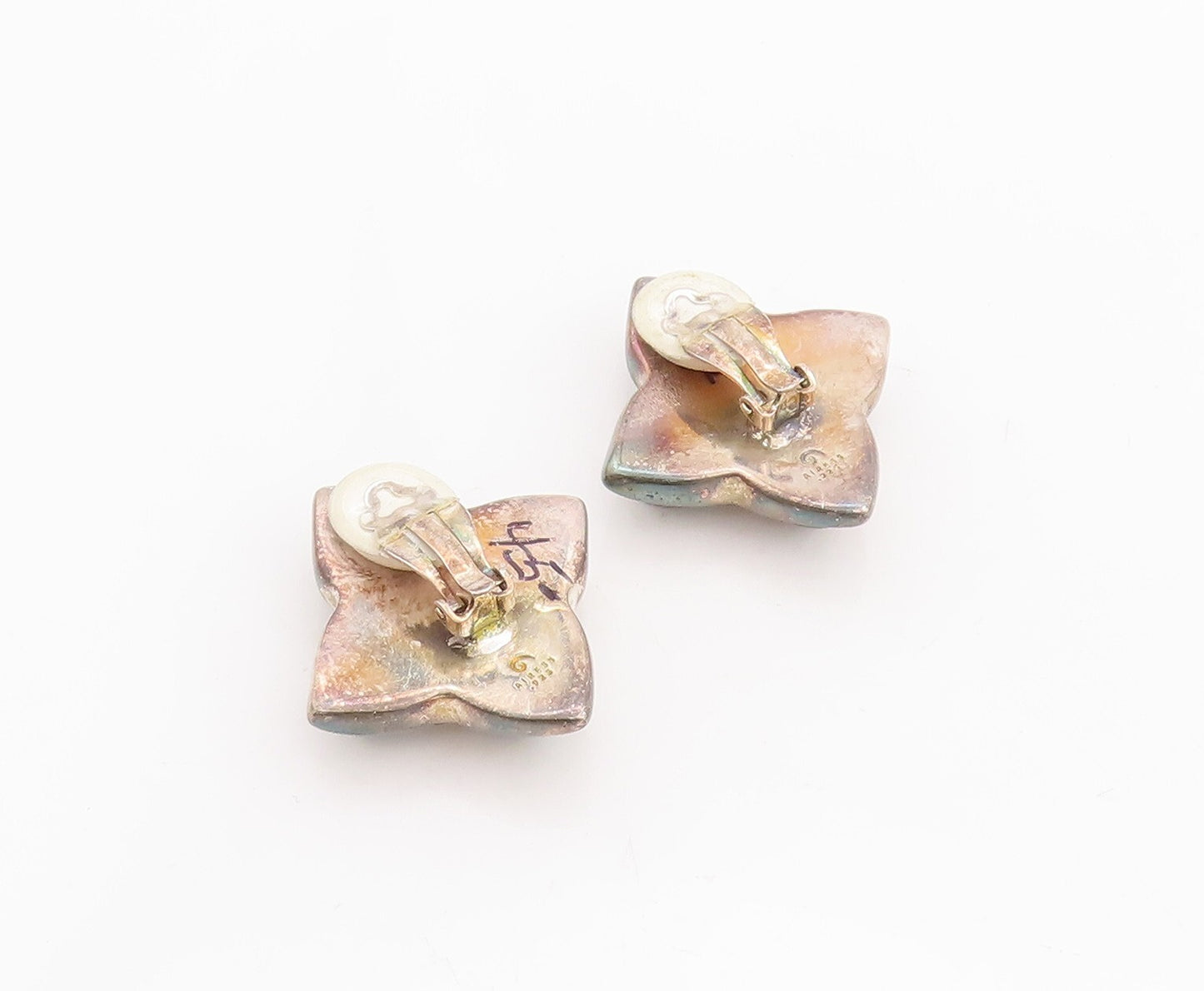 925 Sterling Silver Vintage Earrings PAT AIRESS Puffed 4 Petal Flower  EG13128