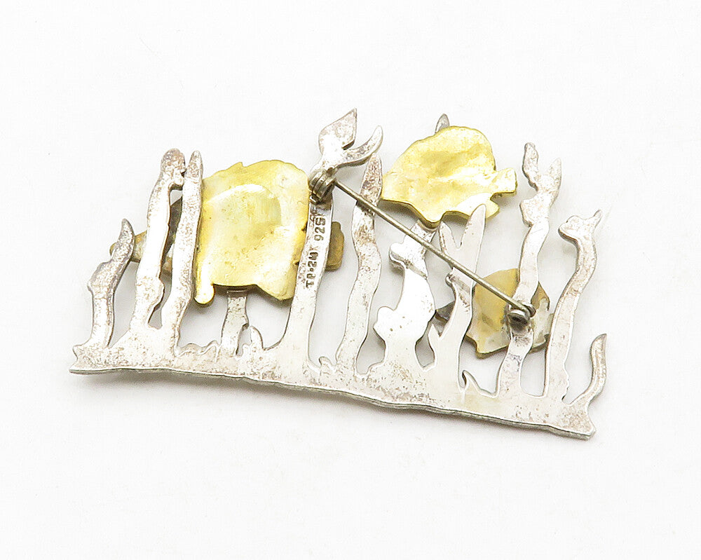 MEXICO 925 Silver  Vintage Two Tone Underwater Fish Scene Brooch Pin  BP4919