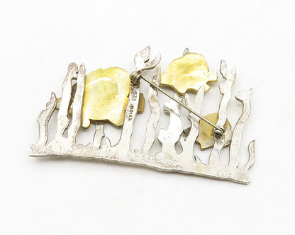 MEXICO 925 Silver  Vintage Two Tone Underwater Fish Scene Brooch Pin  BP4919