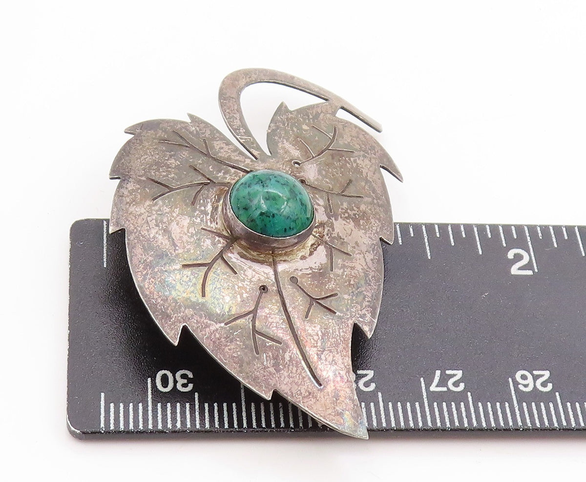 925 Sterling Silver Vintage Brooch ISRAEL Turquoise Etched Grape Leaf  BP11859