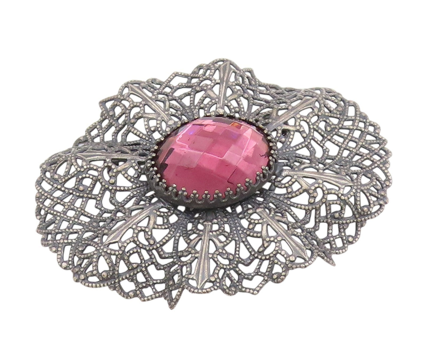 925 Sterling Silver Vintage Brooch Faceted Pink Topaz Openwork Petal  BP12096