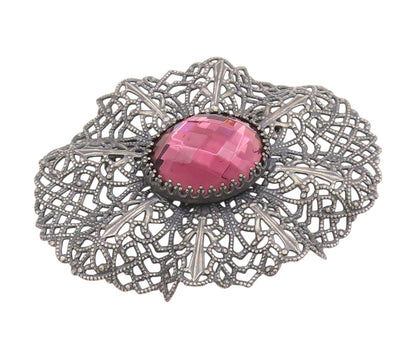 925 Sterling Silver Vintage Brooch Faceted Pink Topaz Openwork Petal  BP12096