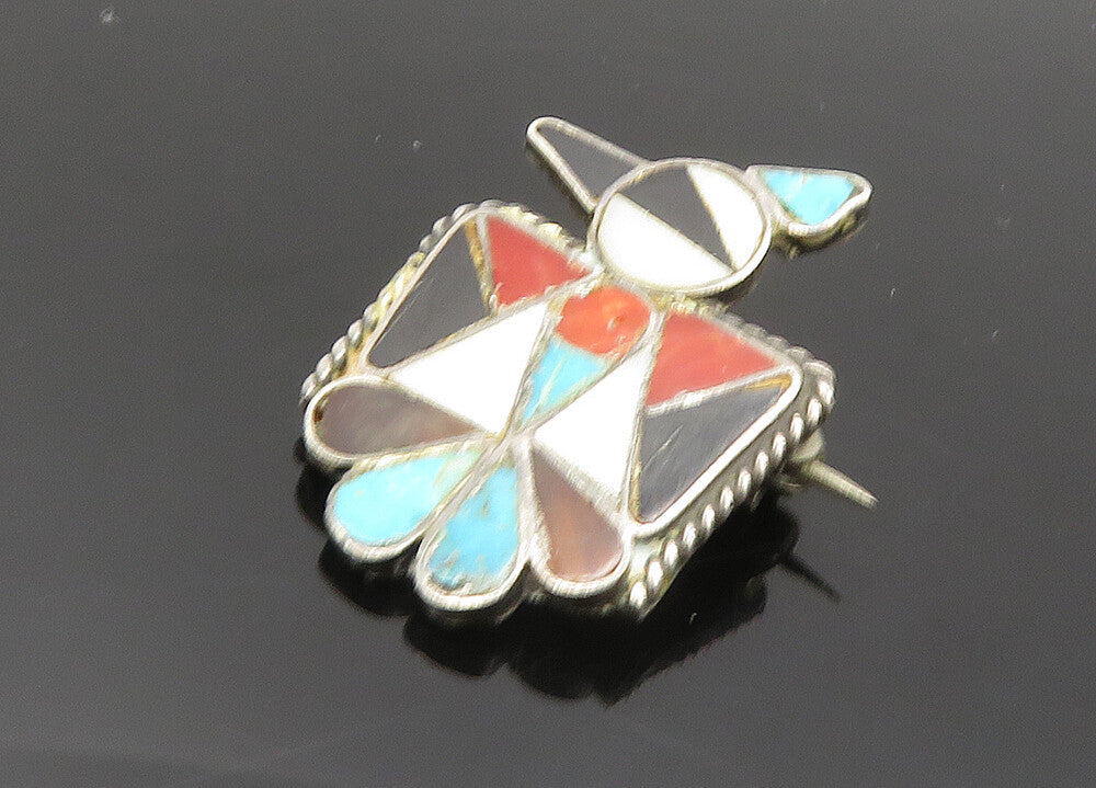 ZUNI NAVAJO 925 Silver Vintage Mother Of Pearl Multi Stone Brooch Pin BP7924