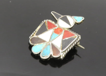ZUNI NAVAJO 925 Silver Vintage Mother Of Pearl Multi Stone Brooch Pin BP7924