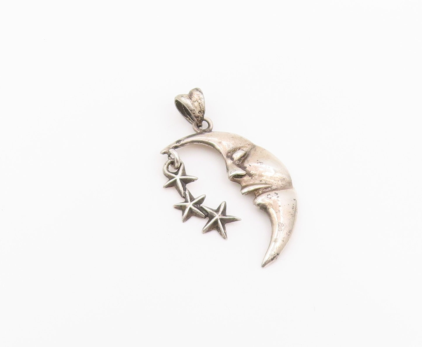 925 Sterling Silver Vintage Pendant Sleeping Crescent Moon & Triple Star PT26400