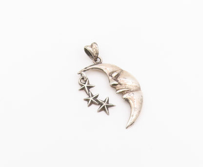 925 Sterling Silver Vintage Pendant Sleeping Crescent Moon & Triple Star PT26400