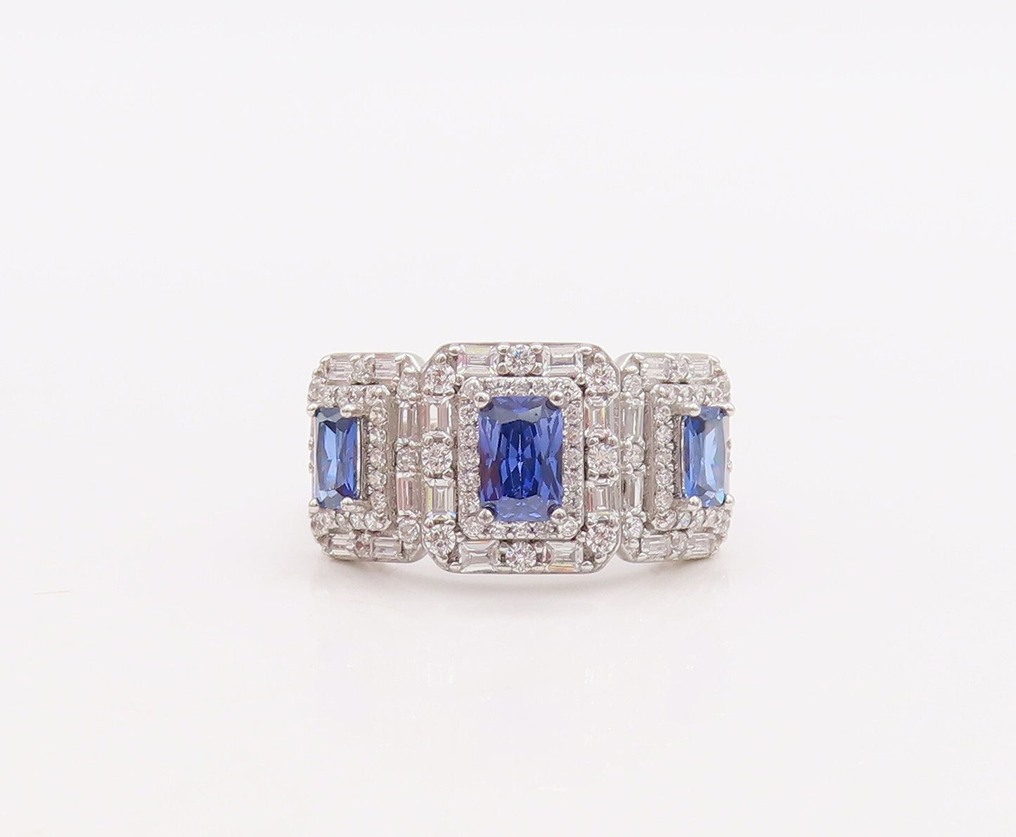 925 Sterling Silver Vintage Ring Rectangle Cut Blue & CZ Inlay  Sz 7  RG29497