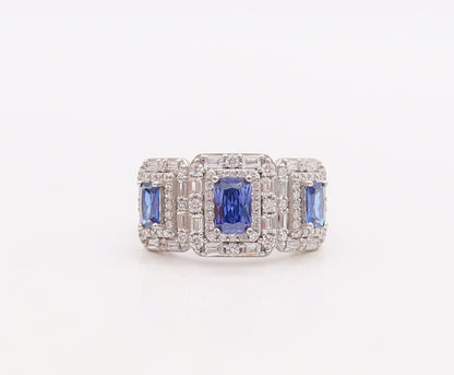 925 Sterling Silver Vintage Ring Rectangle Cut Blue & CZ Inlay  Sz 7  RG29497