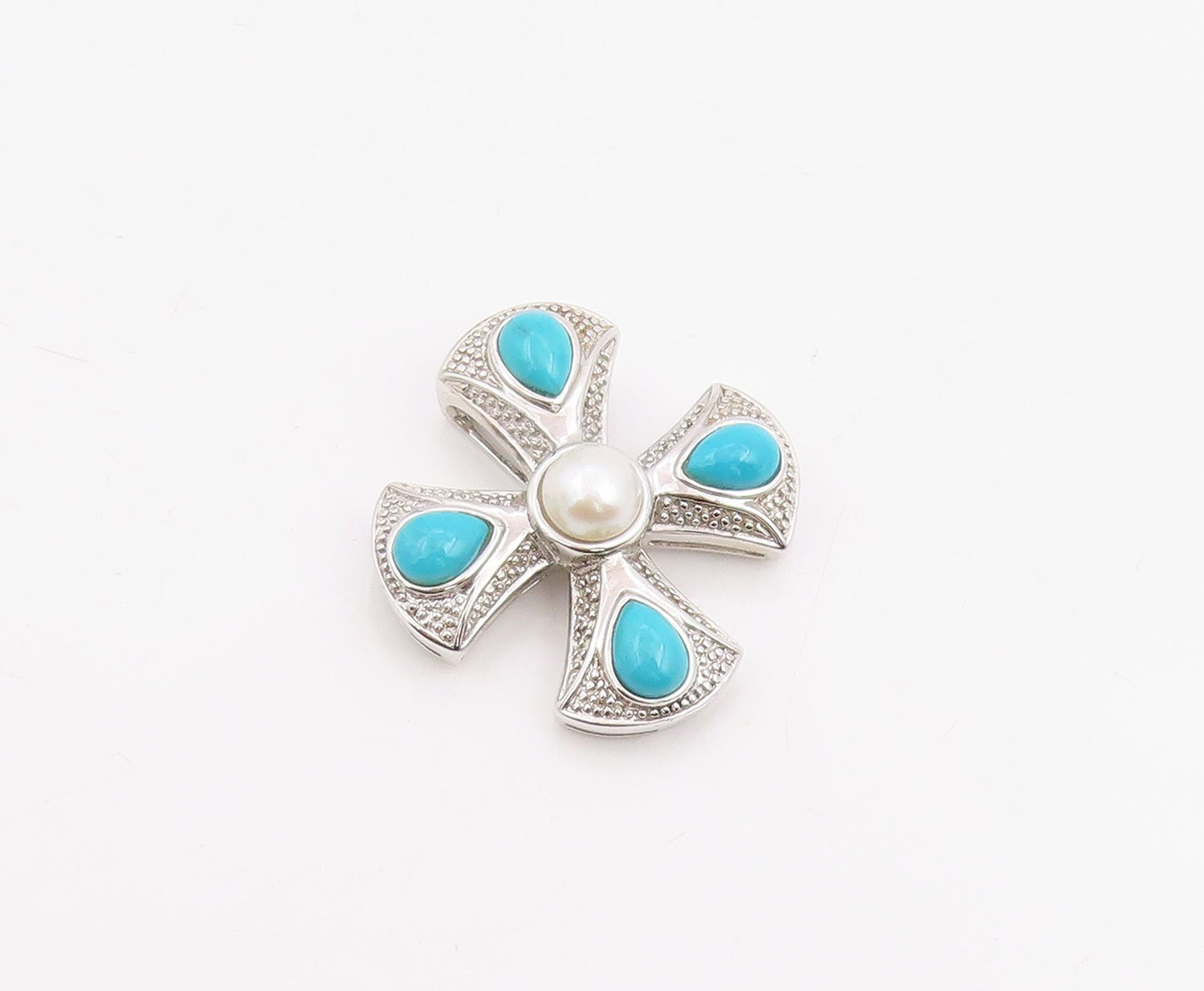 925 Sterling Silver Vintage Pendant Pearl & Turquoise Maltese Cross  PT25862