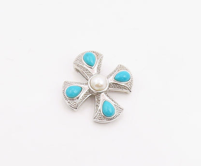 925 Sterling Silver Vintage Pendant Pearl & Turquoise Maltese Cross  PT25862