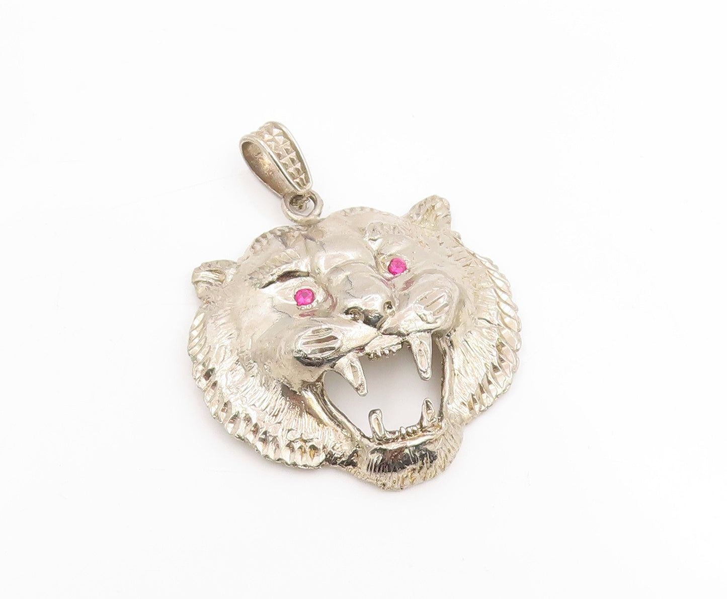 925 Sterling Silver Vintage Pendant Red Eyes CZ Roaring Wild Tiger Head PT25299