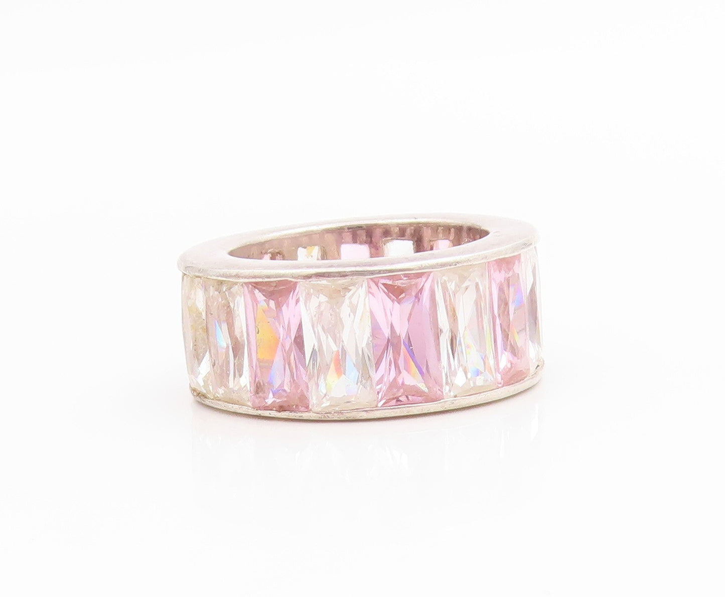 925 Sterling Silver Vintage Ring Pink & White Topaz Eternity Band  Sz 6  RG36058