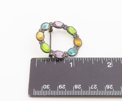 925 Sterling Silver Vintage Brooch Pin Multi Gemstone Circle Wreath  BP12586