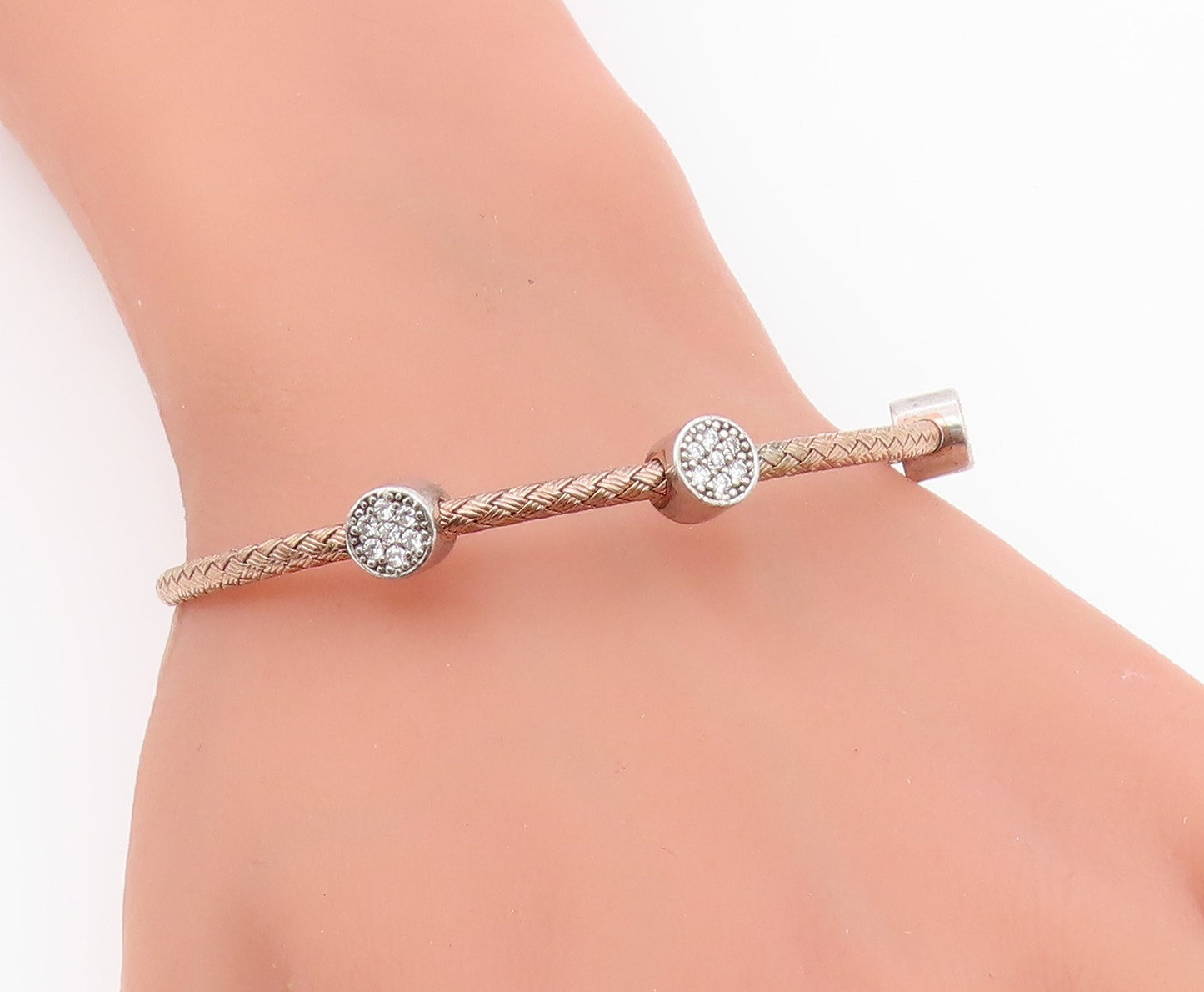 925 Sterling Silver  Shiny Topaz Copper Tone Weaved Bangle Bracelet  BT6521